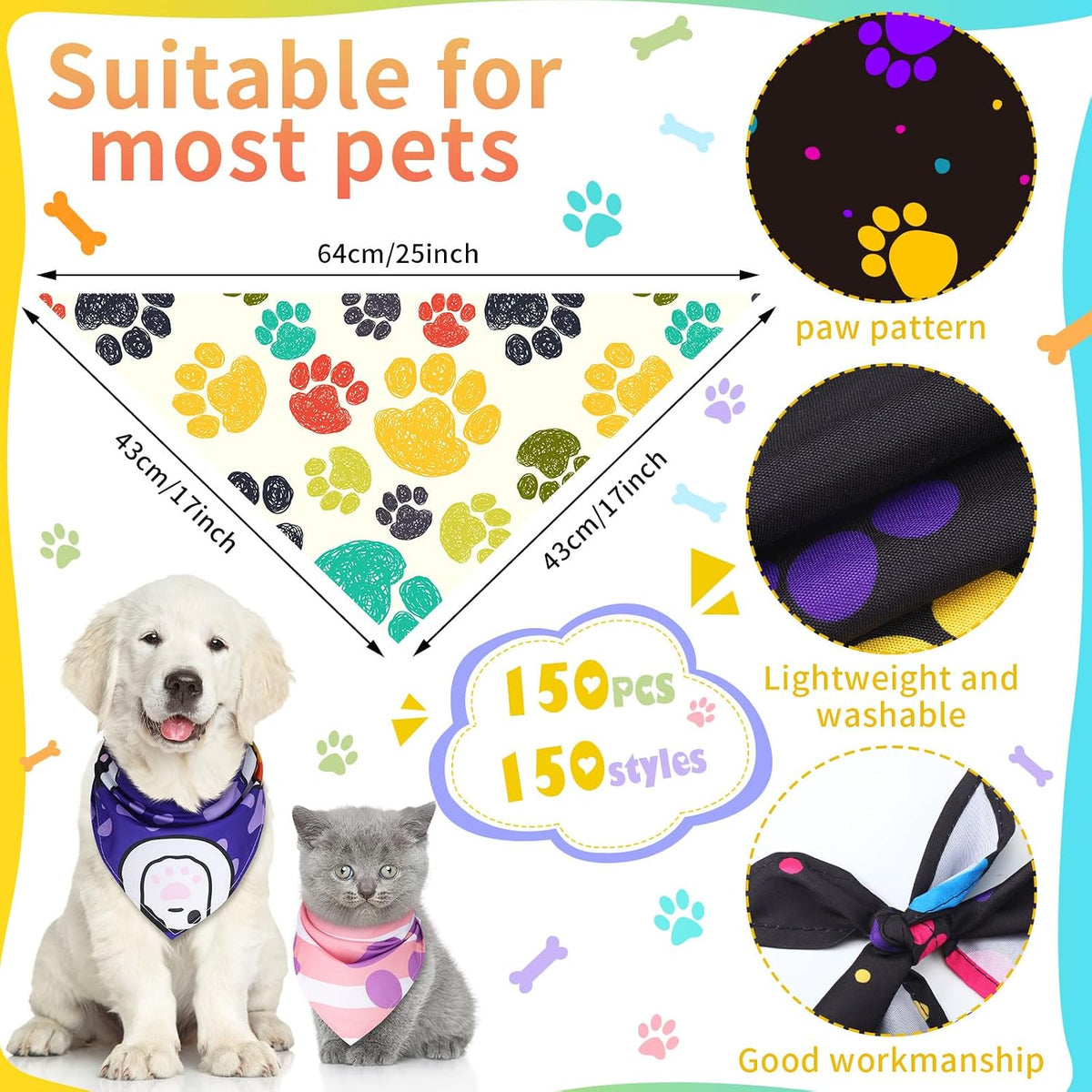 Huhumy 150 Pcs Paw Dog Bandanas Bulk Pet Paw Grooming Bandanas for Dogs