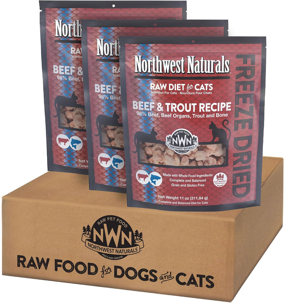 Northwest Naturals Freeze-Dried Beef & Trout Cat & Kitten Food – Bite-Sized Nibbles – Healthy, Limited, Human-Grade Ingredients, All-Natural, High-Protein Diet – Complete & Balanced, 11 oz (Pack of 3)