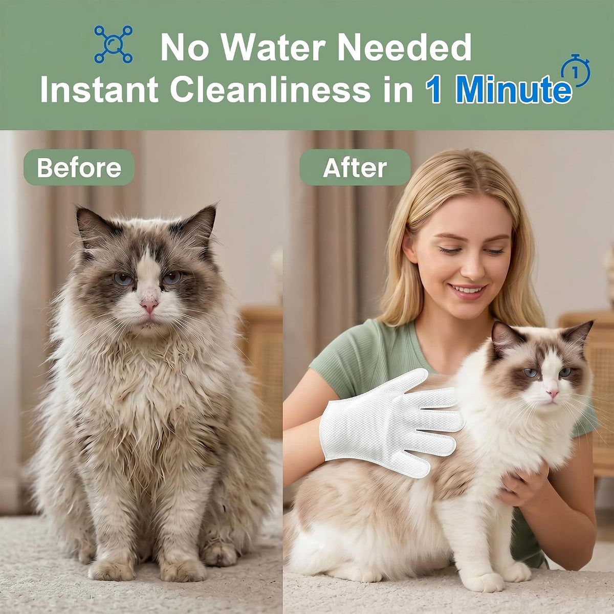 Dog & Cat Pet Cleaning Gloves – No-Rinse Disposable Wipes, Hypoallergenic