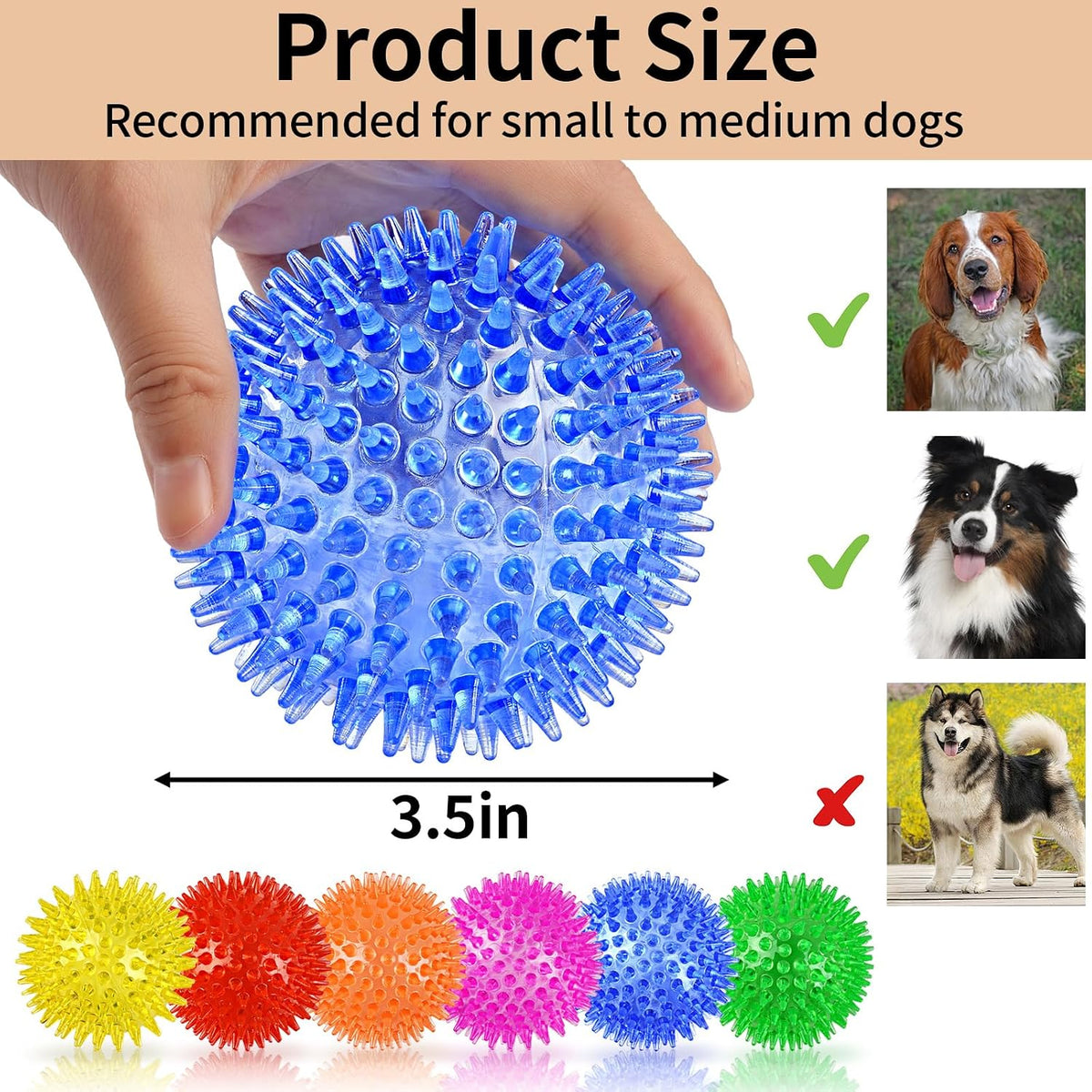 6 Pack Squeaky Spiky Dog Balls, Puppy Chew Toys for Teething, Medium | Food-grade TPR Rubber Durable, Interactive Fetch Floating Dog Pool Ball Toy for Chewers for Small Medium