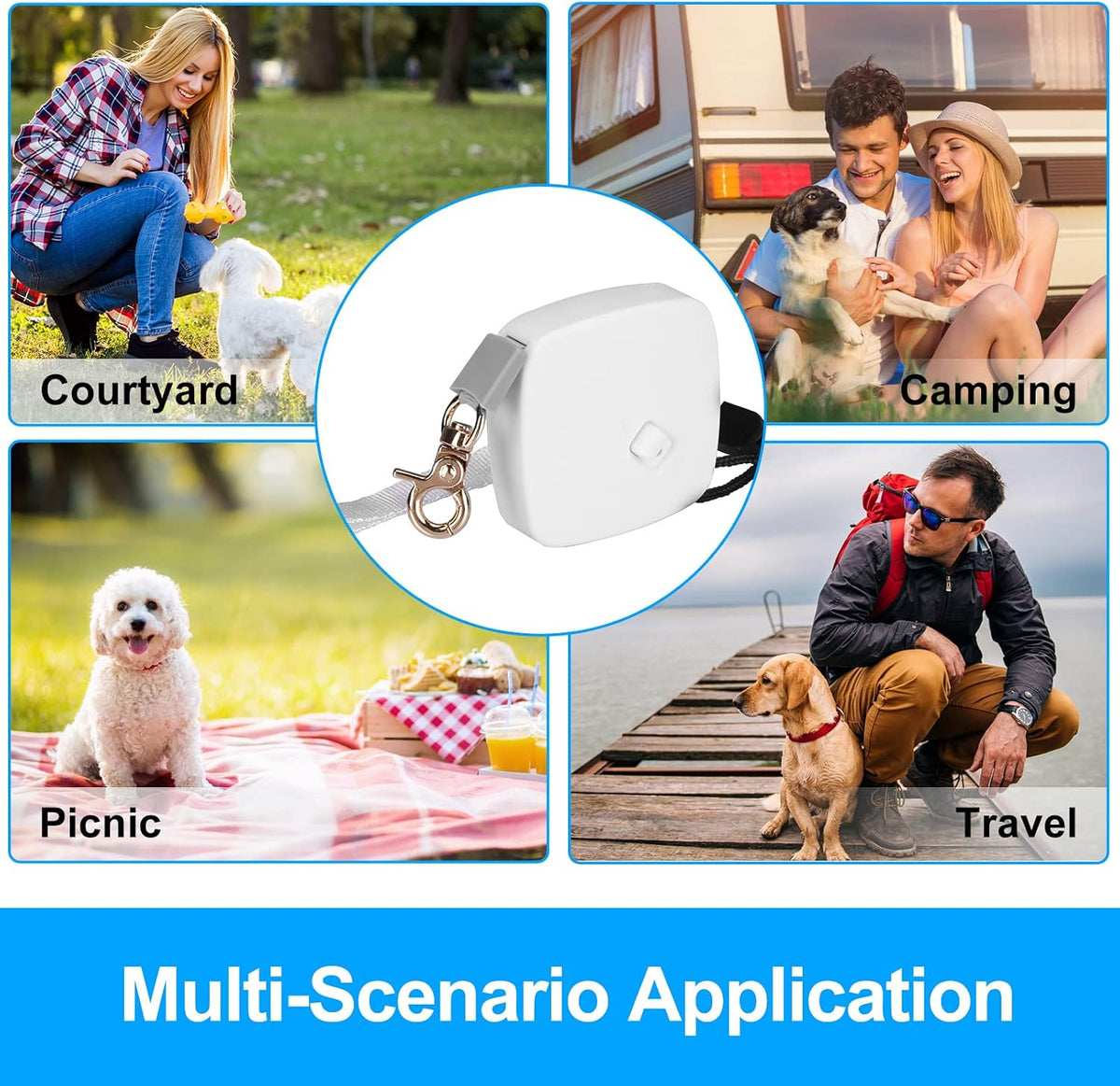 Retractable Dog Leash for Small Dogs Cats up to 11lbs with 6.5ft Anti-Pull Strong Nylon Tape, Hands Free, Mini and Portable Walking Leash with Wrist Strap, One-Hand Brake, White Square