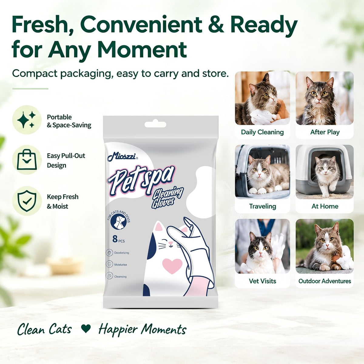 Pet Grooming Gloves Wipes for Cat Dander Remover, No-Rinse, Unscented
