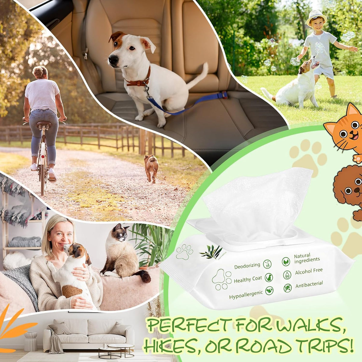 Treela 10 Pack Dog Pet Wipes, 80 Count Paws Body, Tea Tree Flavor