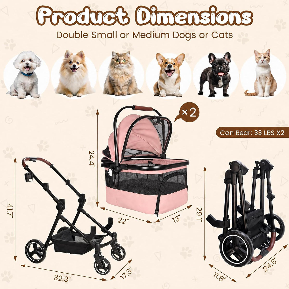 Foldable Double Pet Stroller for 2 Small Medium Cats Dogs