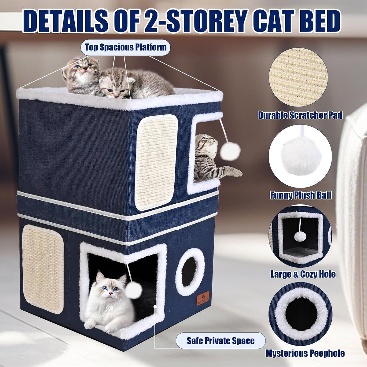 2-Story Cat House for Indoor Cats, Dual-Purpose Cat Cave Bed with Scratch Pad and Fluffy Ball, Foldable Cat Hideaway, Cute Cat Condo Furniture for Multi Small Pet Kitten, Blue