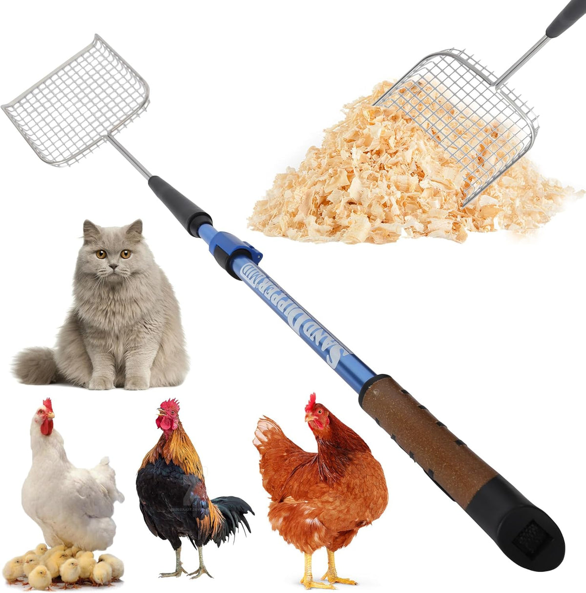Sand Dipper Cat Poop Scooper & Chicken Poop Scooper - Rugged Big 6" Square Stainless Steel Long Handle for Home Kitty Litter Scoop & Farm Chicken Coop Scooper (Mid-Adjustable)