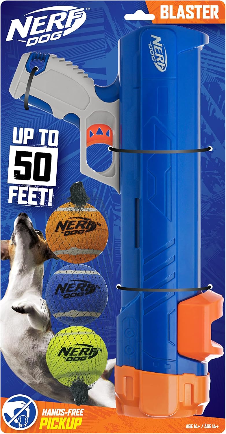 Nerf Dog Compact Tennis Ball Blaster Dog Toy, Great for Fetch, Hands-Free Reload, Launches up to 50 ft, Single Unit, Includes 3 Nerf Balls & Bag, Blue/Orange, Model: 5205