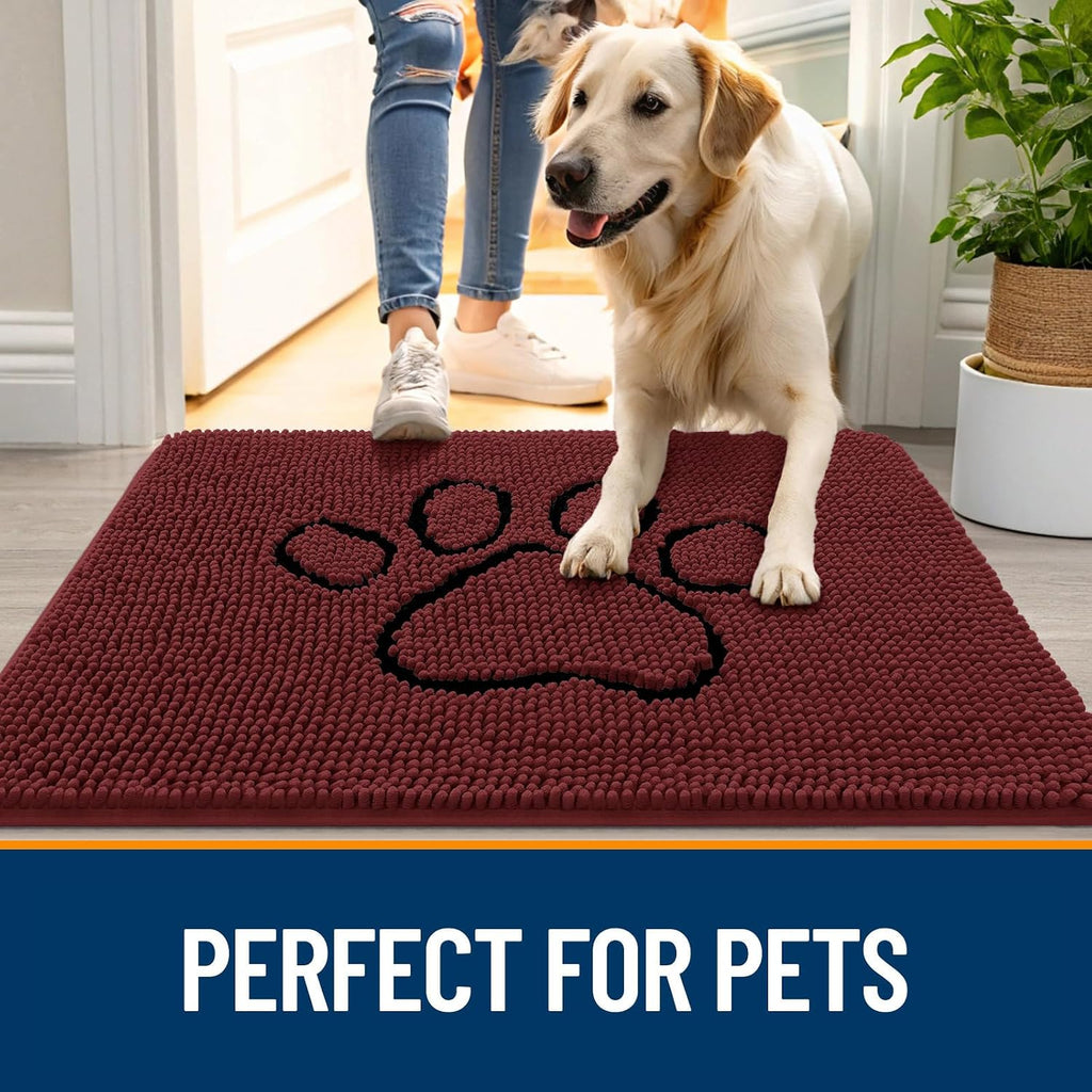 OLANLY Dog Door Mat for Muddy Paws 30x20, Paw Print Design Chenille Mud Mat