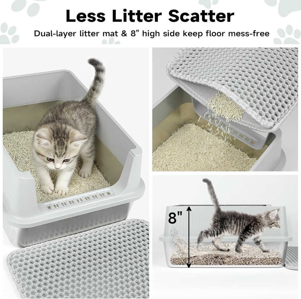 TENTIZON Stainless Steel Cat Litter Box for Kittens and Medium Cats, Open Top Metal Kitty Small Litter Box with High Sides Lid, Litter Mat, Scoop, No Odor, No Mess, Leak Proof, Easy Clean