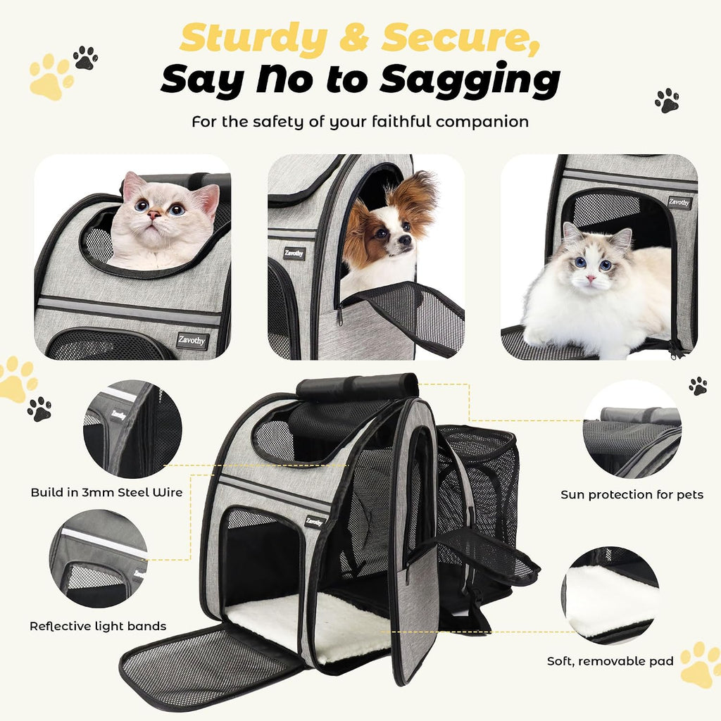 Zavothy Cat Backpack Carrier – Expandable Airline Approved Pet Travel Bag for Cats & Small Dogs, Breathable Mesh Pet Carrier Backpack with Padded Base (Grey)