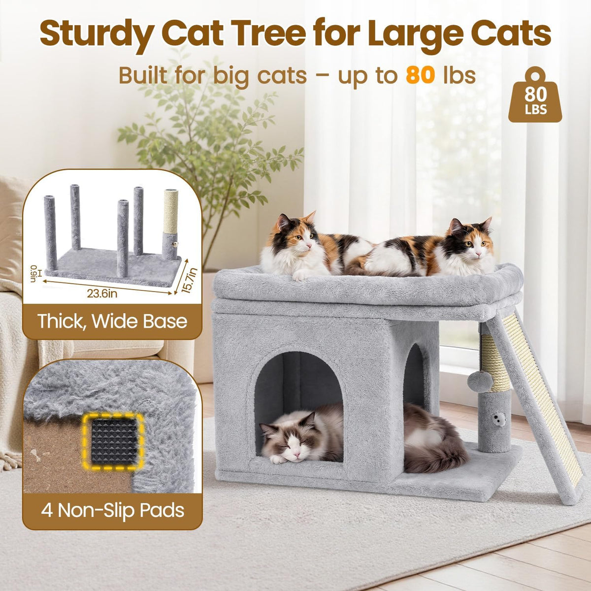 Cat Tree Tower with Scratching Post for Large Kitty, Light Grey