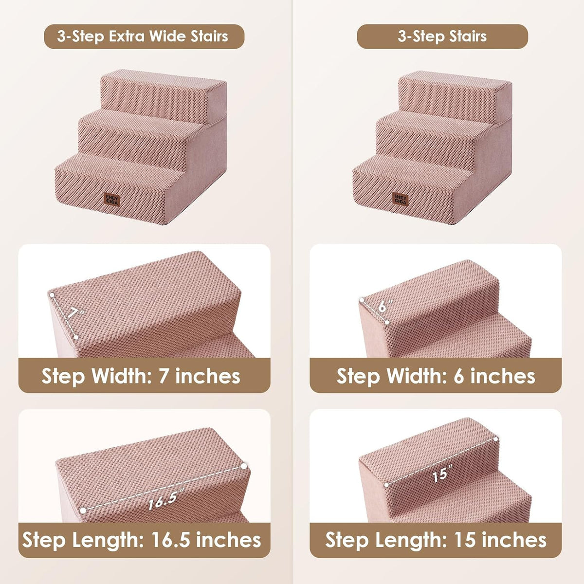 EHEYCIGA Dog Stairs 13.5" H, 3-Step Extra Wide Dog Steps, Pink