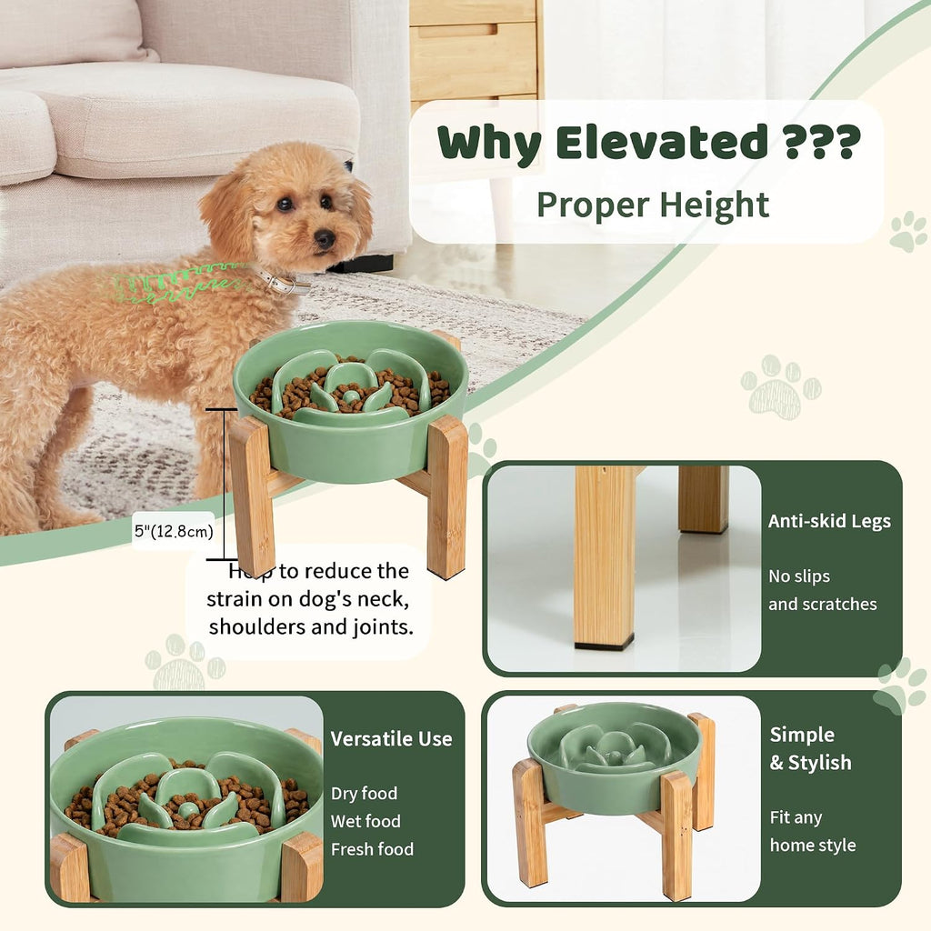 Elevated Slow Feeder Dog Bowl, 6.7" Ceramic Maze Dog Bowl with Stand