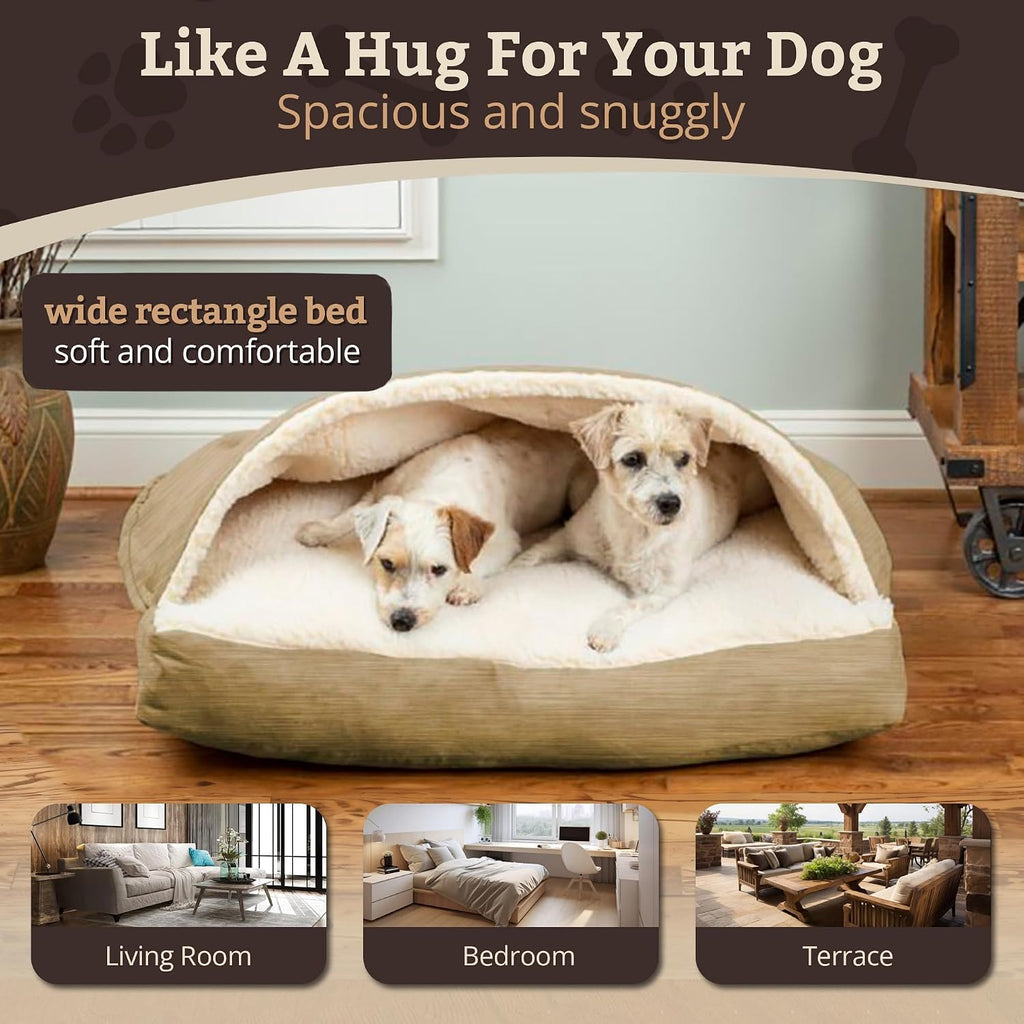 Snoozer Rectangle Cozy Cave Dog Bed, Hooded Dog Bed, Khaki (S)