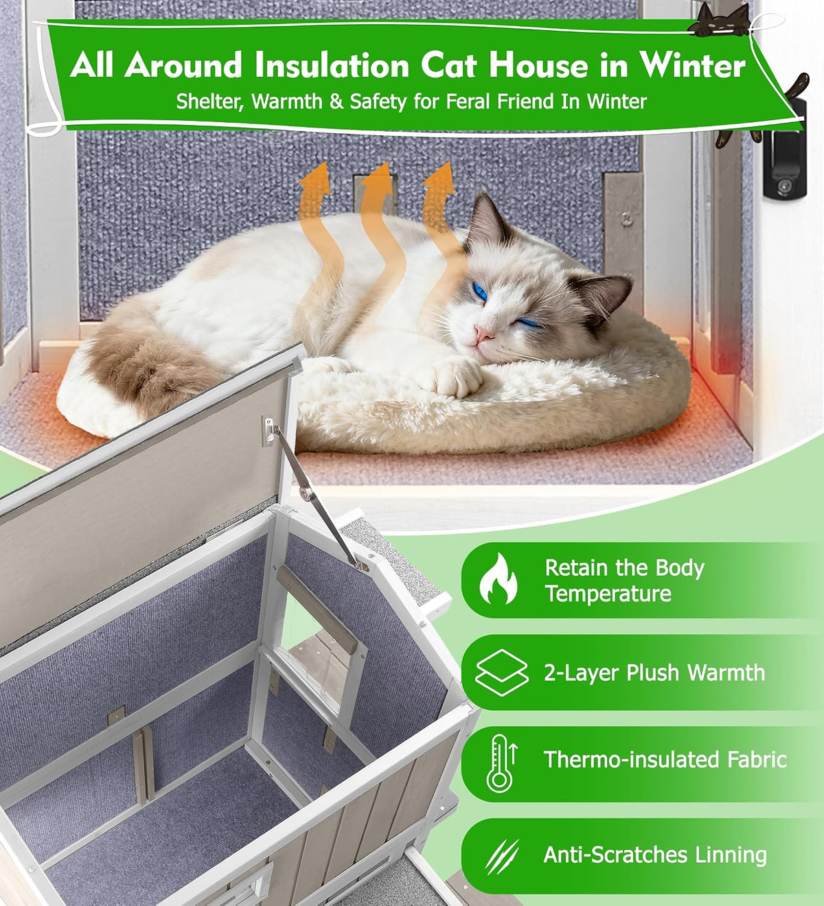 GoWoodHut Outdoor Cat House Weatherproof Cats Shelter for Feral Kitten Pet Houses for 1-2 Small Animlas 2 Story Wooden Houses for Indoor Outdoor Cats with Escape Doors (2 Story Cat House-73TI)