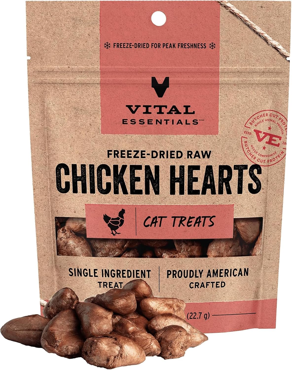 Vital Essentials Cat Treats, Chicken Hearts, Freeze Dried | Single Ingredient | 0.8 OZ | Pack of 6