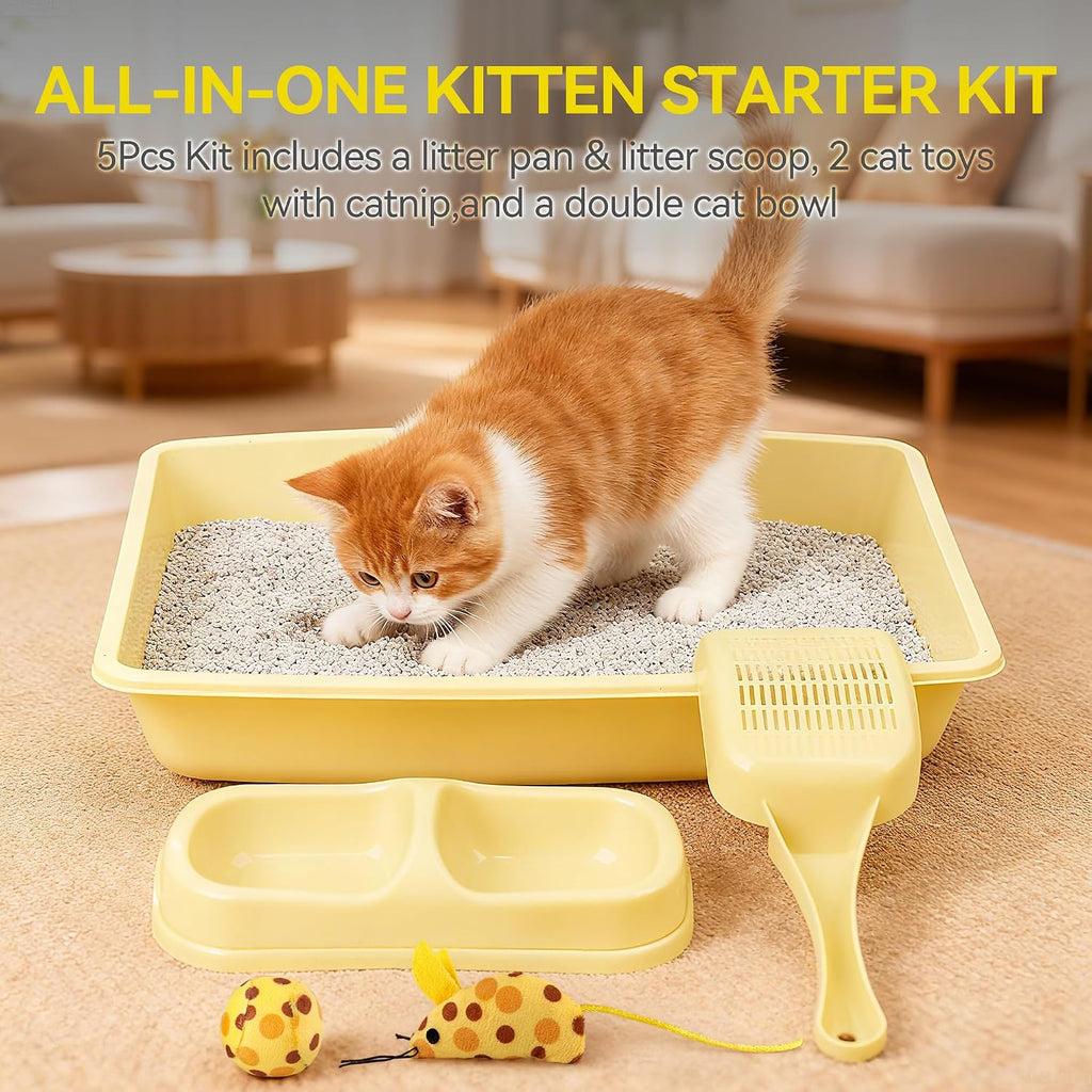 PAWISE Cat Litter Box Set, Small Kitten Starter Kit, Includes Litter Box, Litter Scoop, Double Dish Feeding Bowl, Cat Mouse Toy, Kitty Ball Toy, Yellow