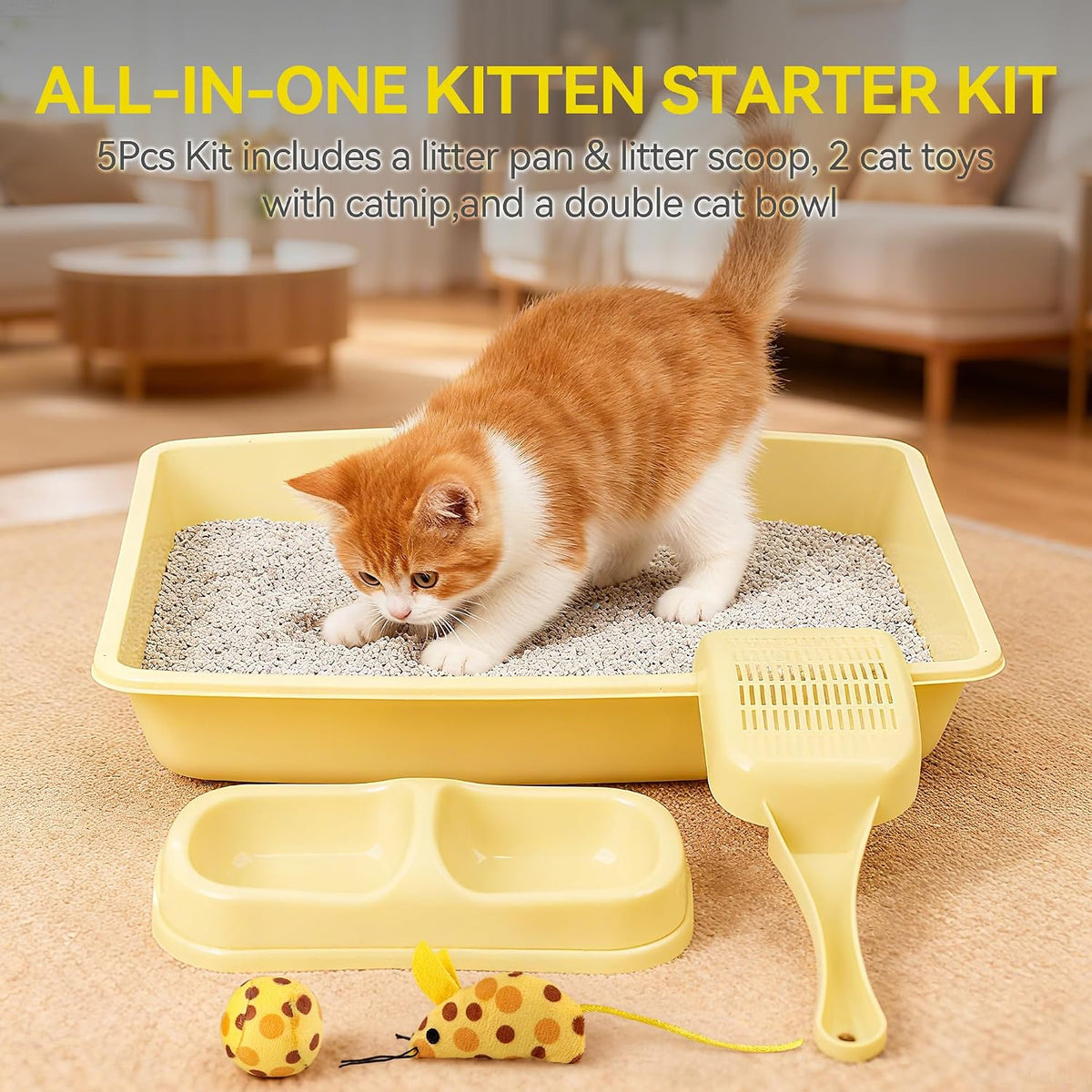 PAWISE Cat Litter Box Set, Small Kitten Starter Kit, Includes Litter Box, Litter Scoop, Double Dish Feeding Bowl, Cat Mouse Toy, Kitty Ball Toy, Yellow