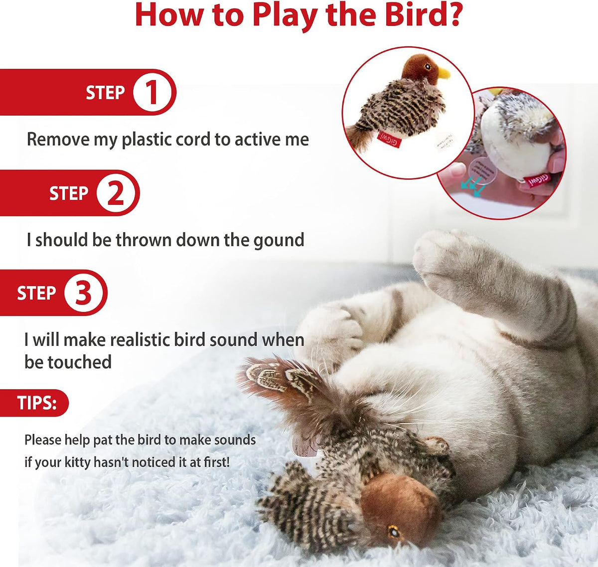 GiGwi Interactive Cat Toys Squeaky, Stimulated Chirping Bird Toy Making Noise,Automatic Chirp Bird Cat Toy with Feather Tail, Melody Chaser Play and Squeak Kitten Toy for Boredom