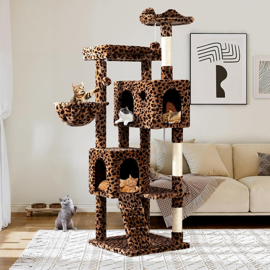 Allewie 64 Inches Cat Tree Tower/Multi-Level Activity Center for Indoor Big Felines/2 Plush Condos/2 Perchs/Basket/House/Sisal Scratching Posts/Hanging Cat Toys/Leopard Print