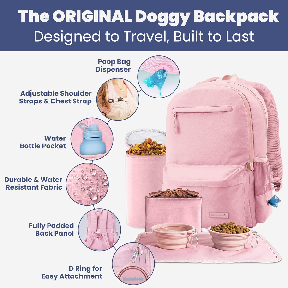 Rubyloo Dog Travel Backpack for Supplies - Dog Diaper Bag with Travel Bowls | 2 BPA-Free Bowls; Food Container & Treat Pouch; Placemat; Laptop Sleeve; Poop Bag Dispenser, Hiking, Camping & Road Trips,