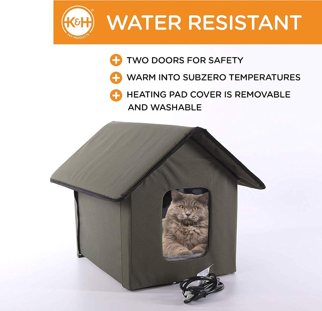 K&H Heated Cat House, Outdoor Kitty Shelter, Safety Listed, 20W, Log Cabin