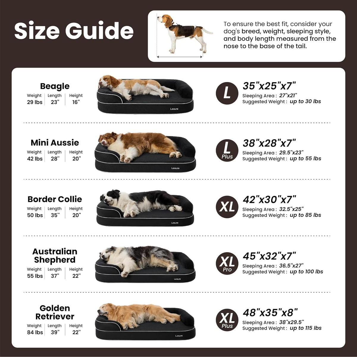 LE SURE RealOrtho™ XL 3-Layer Orthopedic Dog Beds Large Sized Dog,42" Black