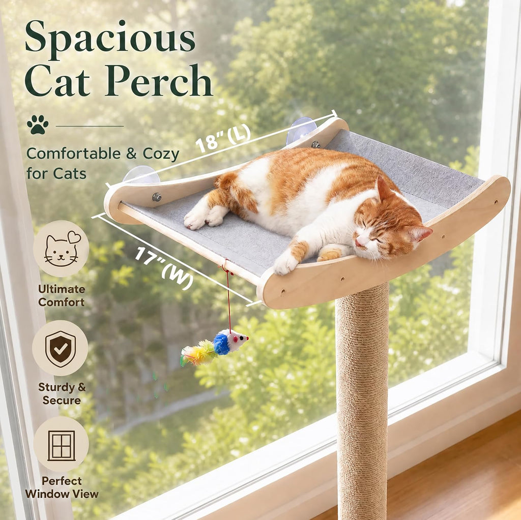 Cat Window Perch with Scratching Posts, 46-Inch Wooden Tree for Large Cats