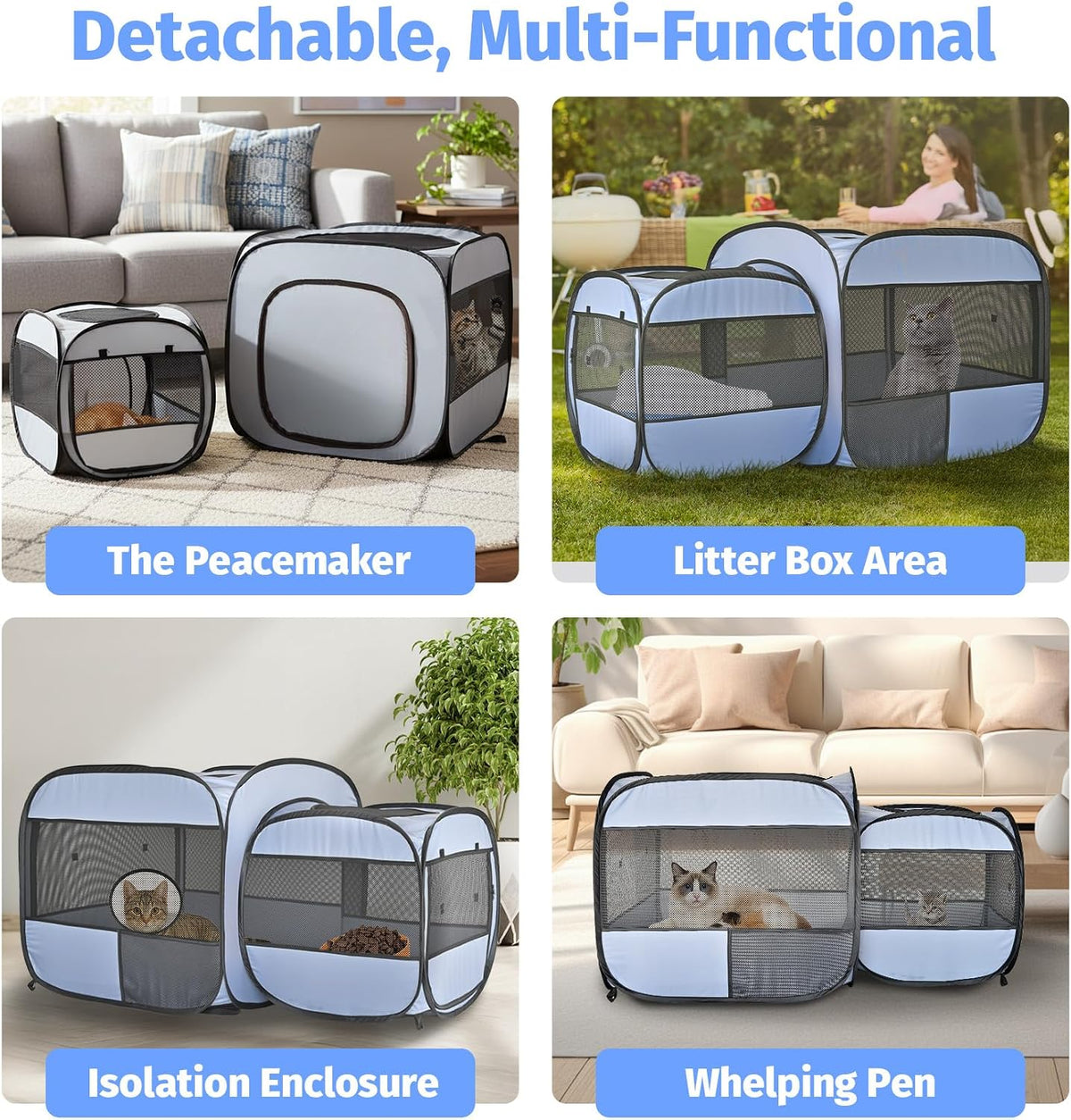 2-in-1 Portable Cat Dog Playpen, Detachable into 2 Separate Cages