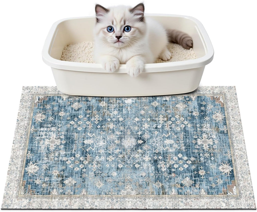 Cat Litter Mat Litter Trapping Mat, 24"x15" Waterproof Urine Proof Litter Box Mat Catcher Mat Non-Slip Washable for Kitty Kitten, Blue