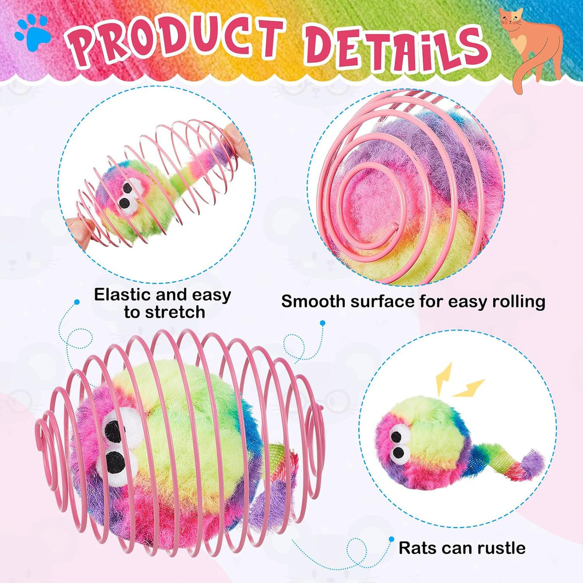 Jecery 5 Pcs Cat Toys Spring,Monster,Rainbow Color