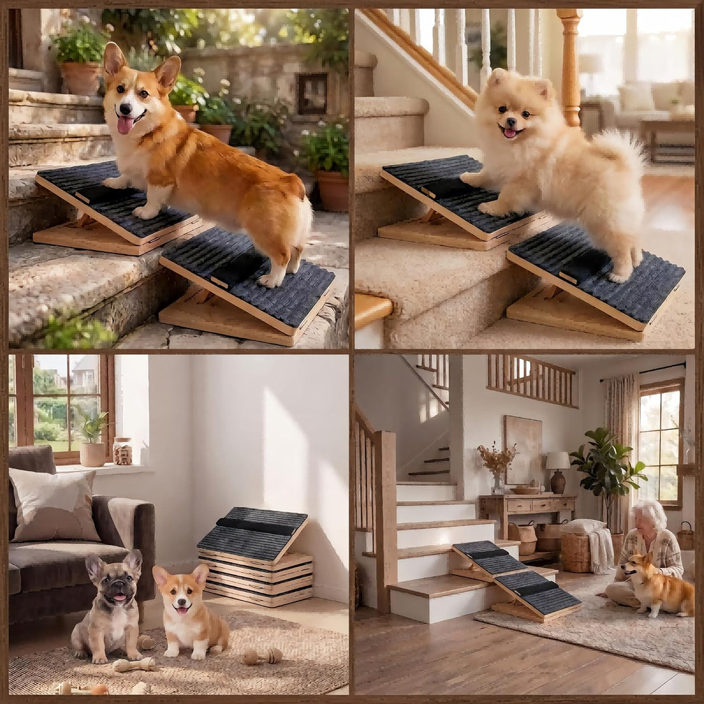 4 Pack Wooden Adjustable Dog Stairs Ramps, 3-Level Adjustable Triangular Pet Ramp, Indoor & Outdoor Portable Dog Steps with Anti-Slip Mat, Suitable for Dogs, Cats, Elderly and Injured Pets (4)