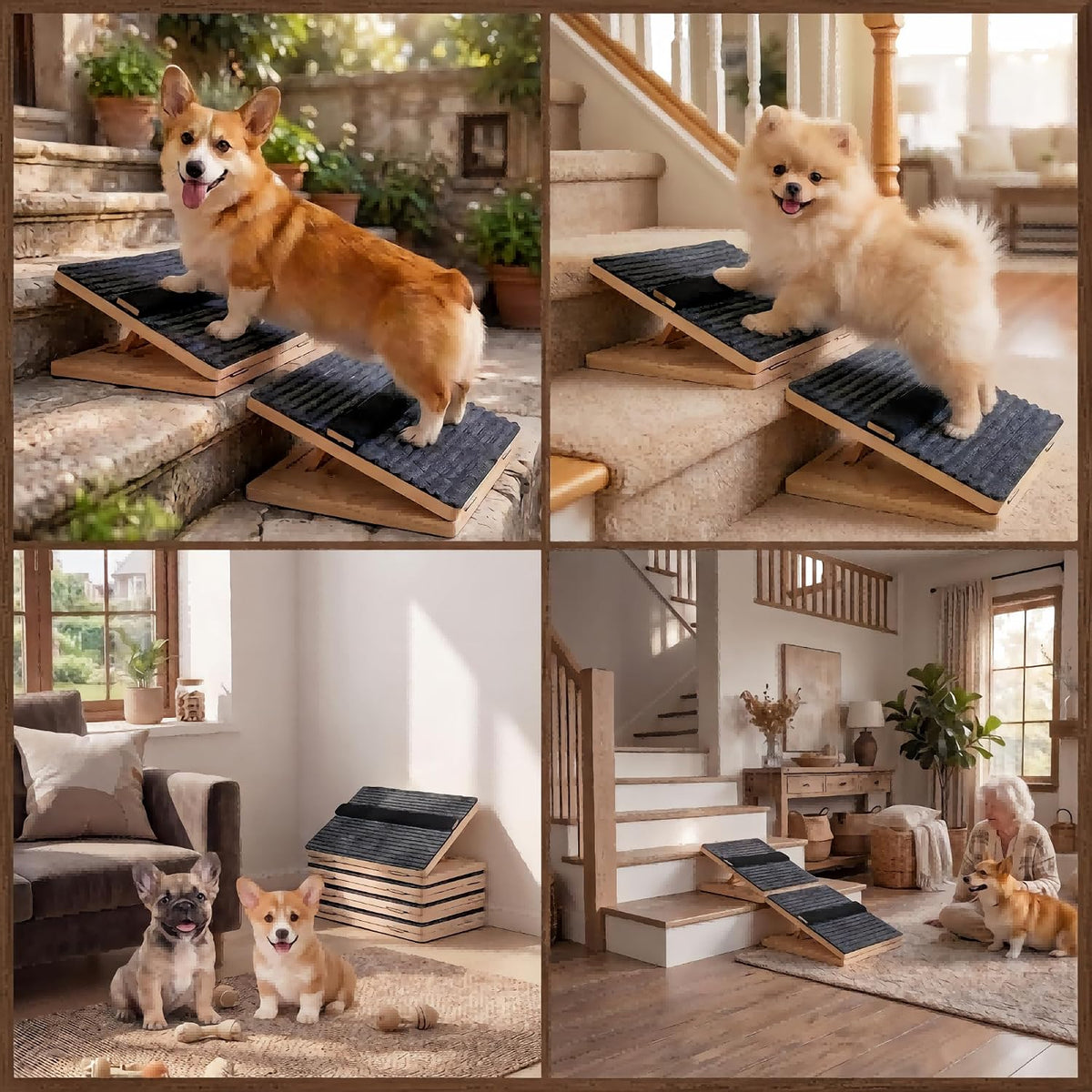 4 Pack Wooden Adjustable Dog Stairs Ramps, 3-Level Adjustable Triangular Pet Ramp, Indoor & Outdoor Portable Dog Steps with Anti-Slip Mat, Suitable for Dogs, Cats, Elderly and Injured Pets (4)