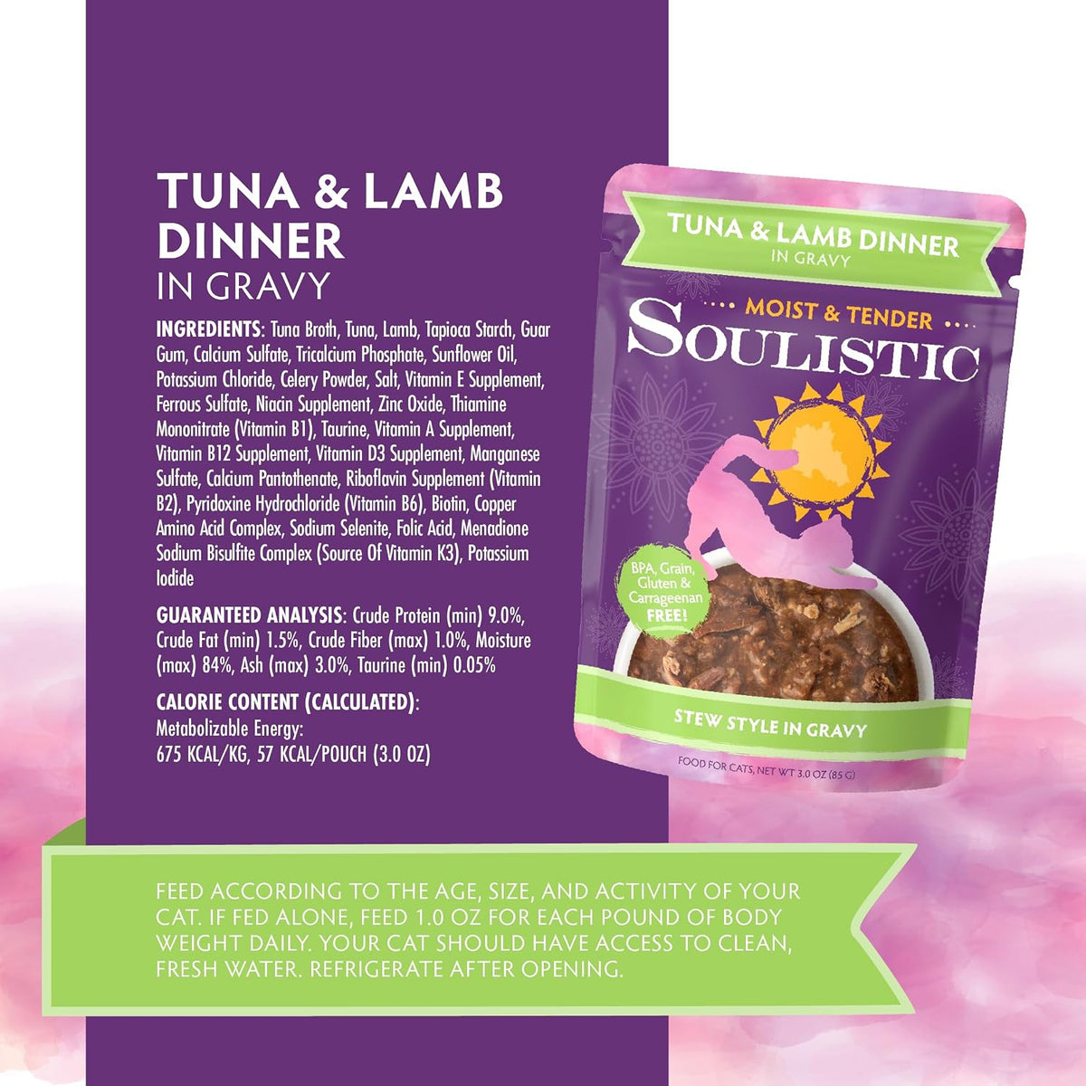 Soulistic Moist and Tender, Tuna and Lamb Dinner in Gravy, 3oz Pouch, Pack of 8