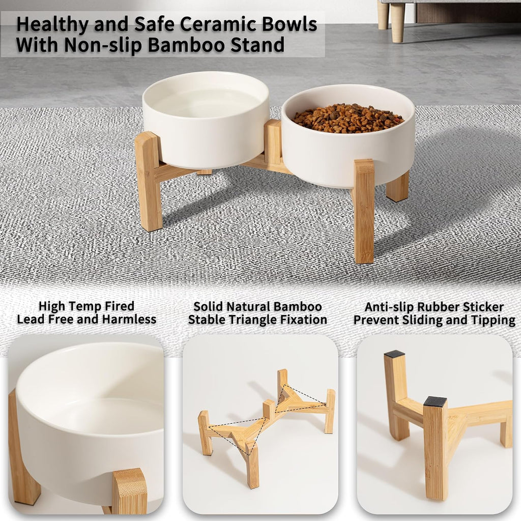 Elevated Ceramic Dog Bowl, 3.6 Cups Dog Food and Water Bowl Set with Stand | 6.1'' Double Dog Feeding Dishes, Non-Slip Raised Dog Feeder for Small and Medium Breeds, 28.74 OZ / 850 ML, White