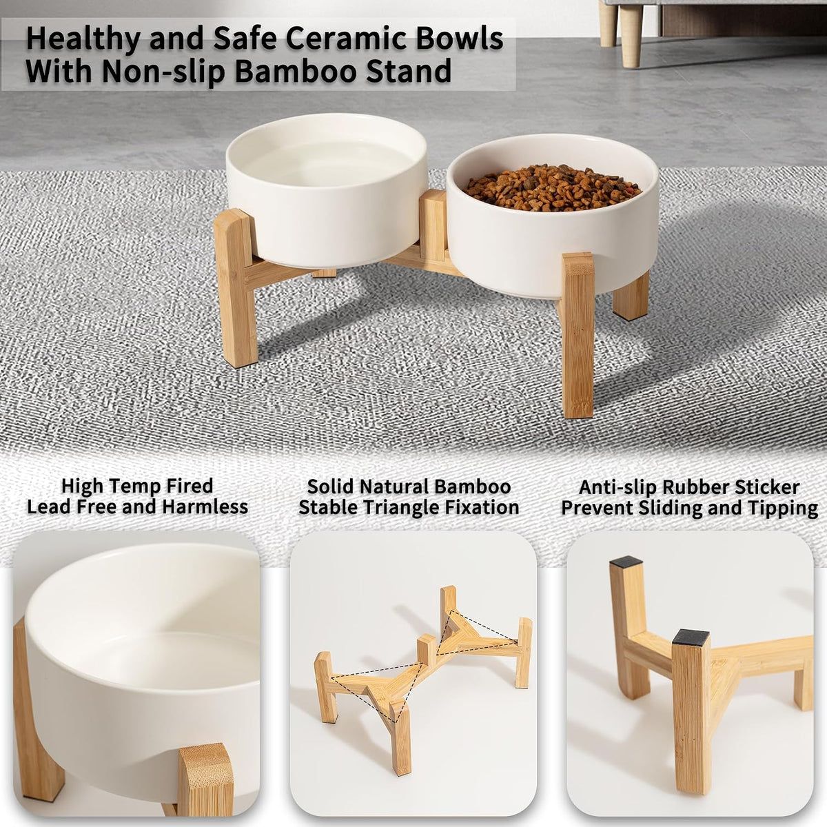 Elevated Ceramic Dog Bowl, 3.6 Cups Dog Food and Water Bowl Set with Stand | 6.1'' Double Dog Feeding Dishes, Non-Slip Raised Dog Feeder for Small and Medium Breeds, 28.74 OZ / 850 ML, White