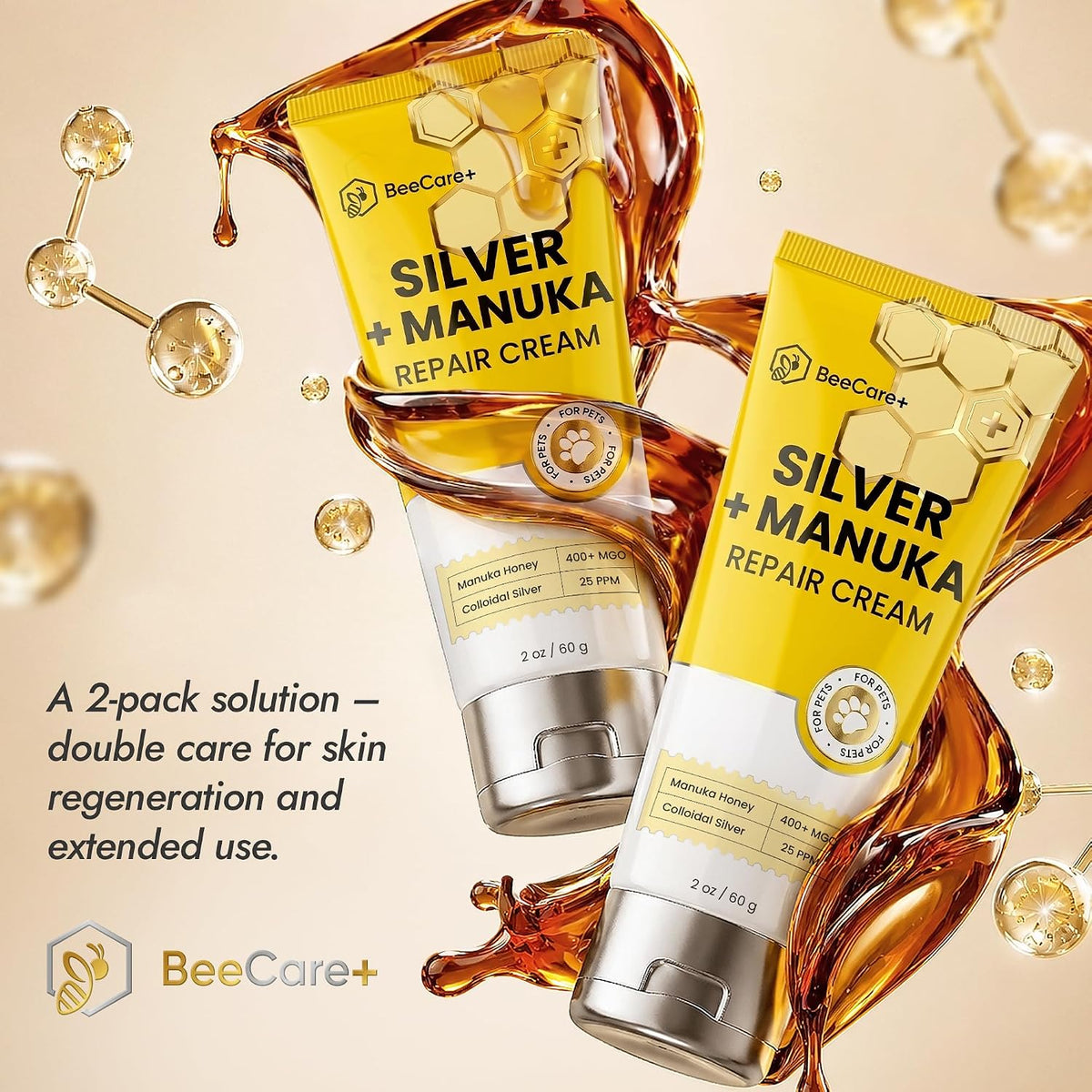 Silver + Manuka Repair Cream for Cat & Dog Wound Care – Helps with Skin Irritation, Scratches, Bites – Hot Spot Treatment for Dogs with Manuka Honey 400+ MGO & Colloidal Silver 25 PPM – 2-Pack