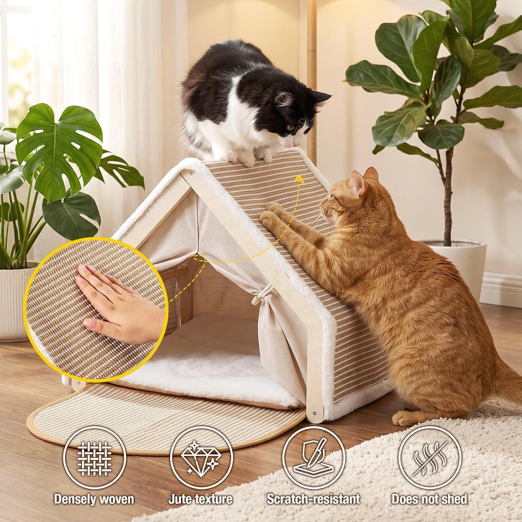 Cat Cave Bed with Jute Scratcher, Wood A-Frame Cat Tent House