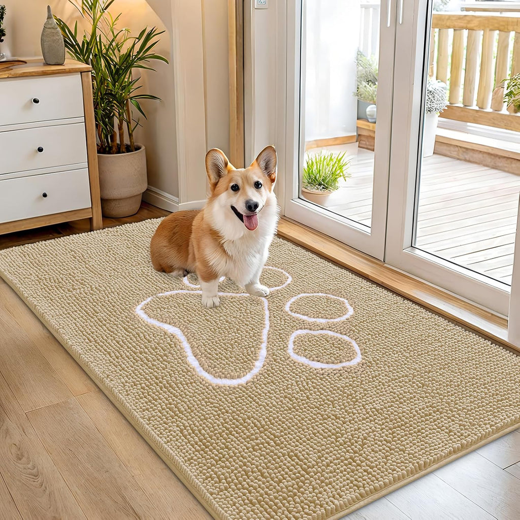 OLANLY Dog Door Mat for Muddy Paws 54x32, Paw Print Design Chenille Mud Mat