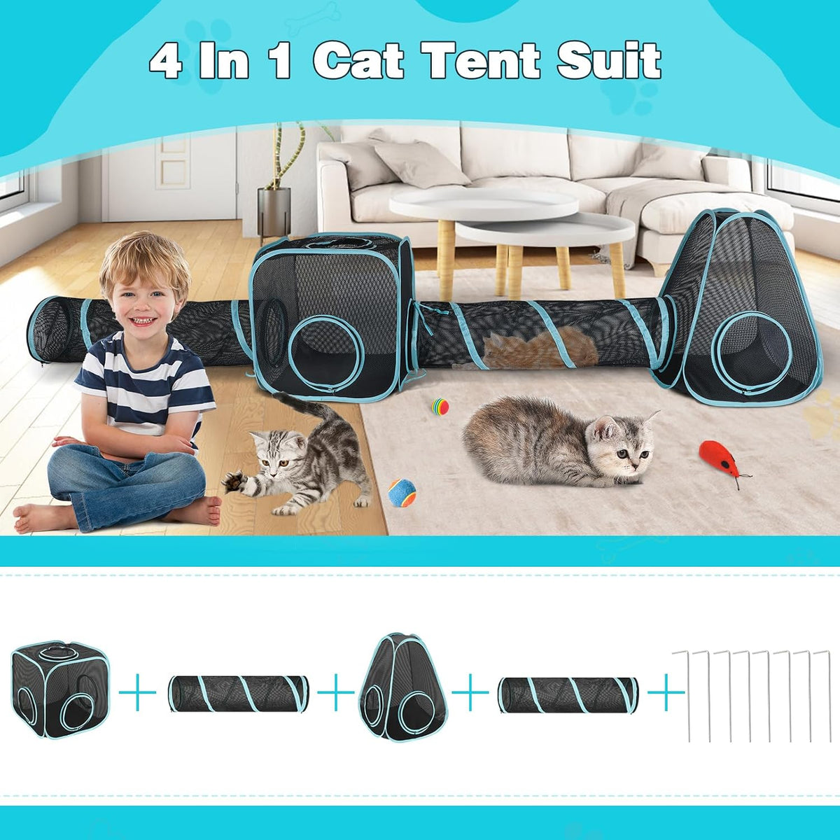 Outdoor Cat Enclosure, 4-in-1 Cat Tent Tunnel Playpen Set