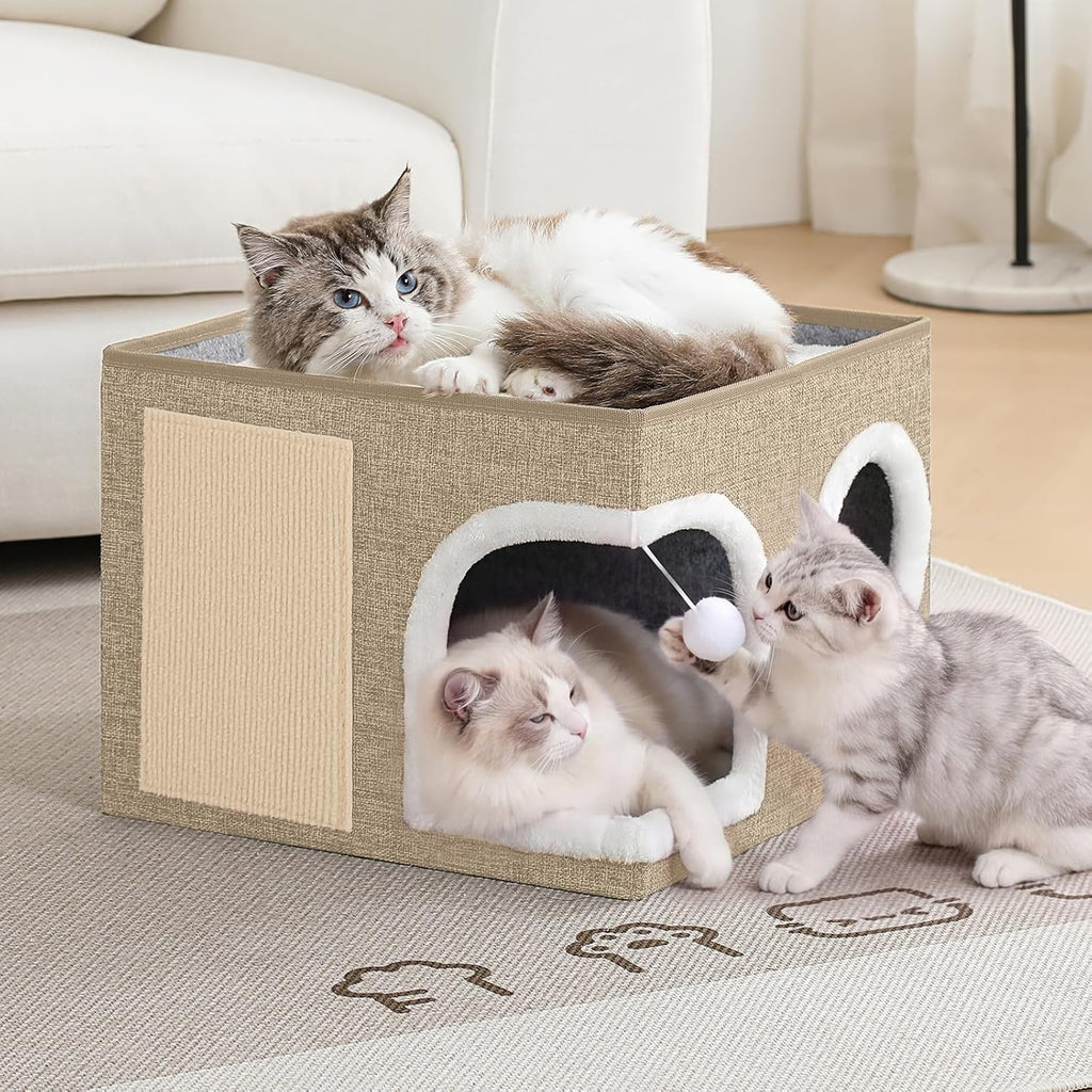 Cat Beds for Indoor Cats,Large Cat Cave House with Scratch Pad and Fluffy Ball,Foldable Cat Condo Hideaway, Modern Kitten Bed, Khaki‌