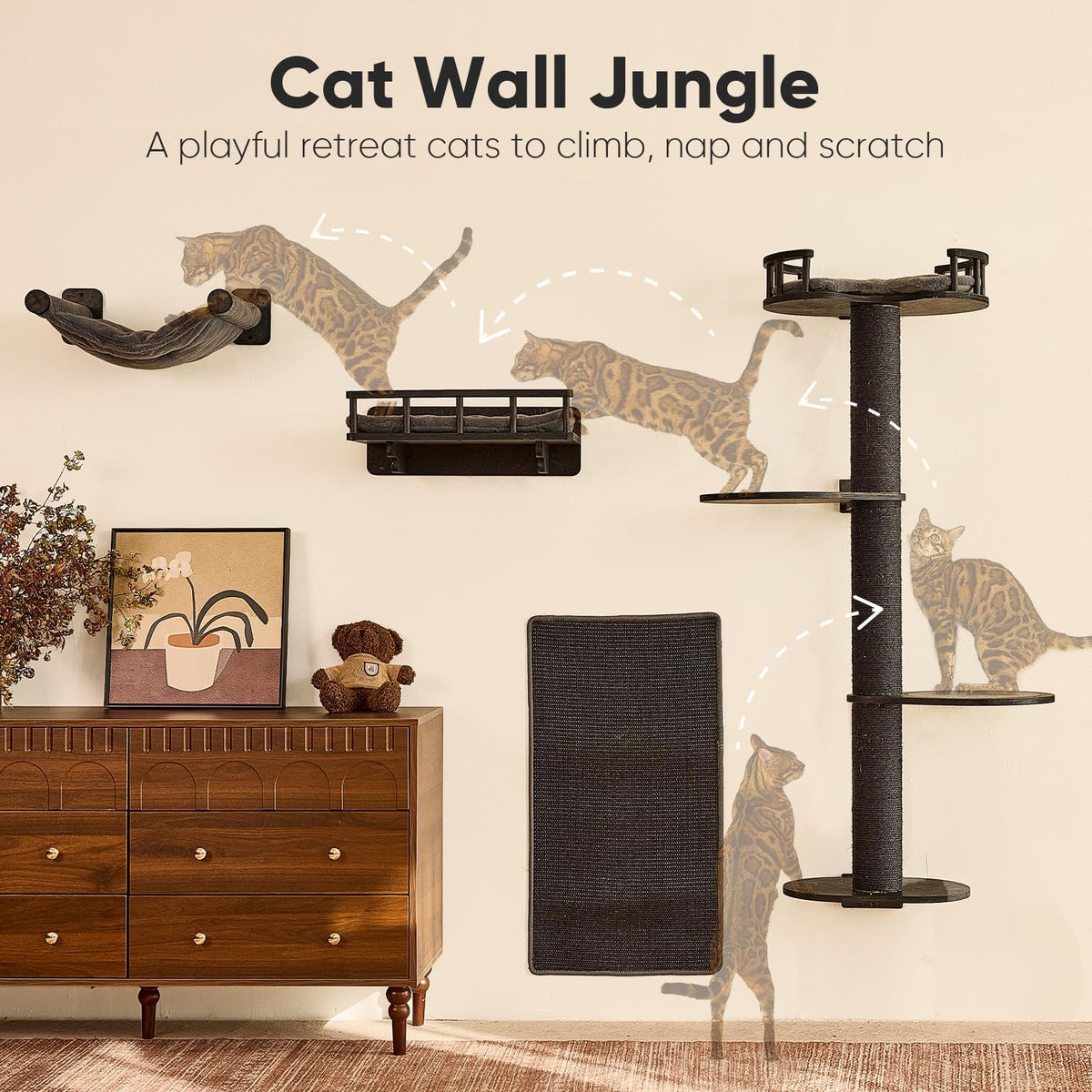 FUKUMARU Cat Wall Shelves, 4 in 1 Set, Black