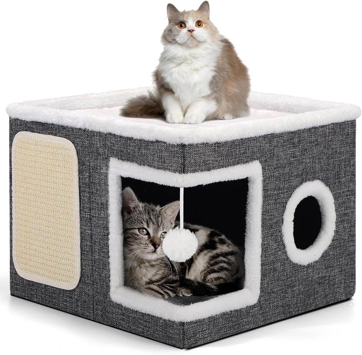 Shikha Cat House Bed for Indoor Cats with Fluffy Ball and Scratch Pad Grey