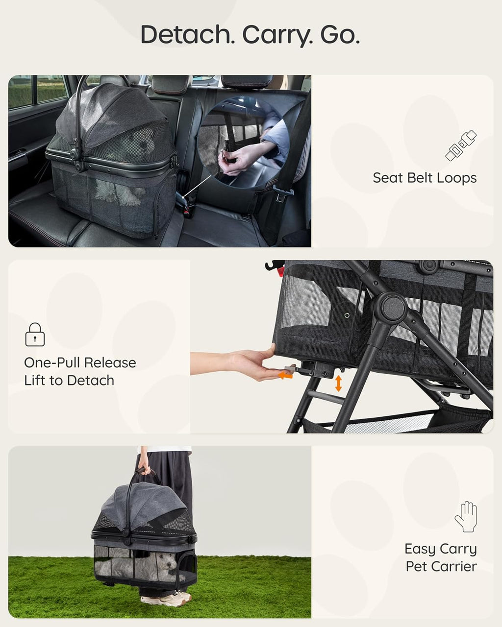 Pet Stroller for Small Dogs & Cats, Foldable with Detachable Carrier