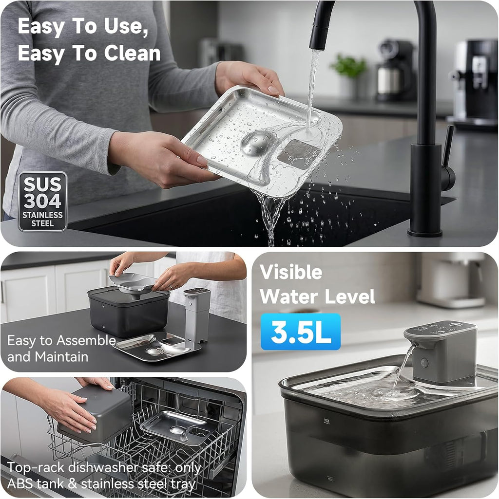 Cordless Battery Rechargeable Cat Water Fountain 3.5L Stainless Steel Tray