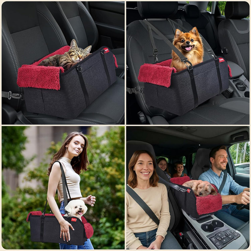 BurgeonNest Center Console Dog Car Seat for Small Pets to 11lbs, Red