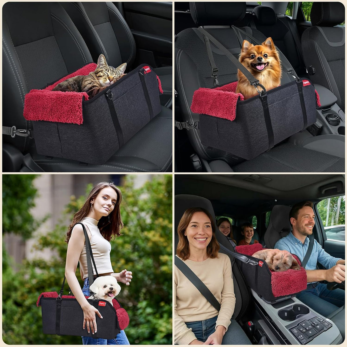 BurgeonNest Center Console Dog Car Seat for Small Pets to 11lbs, Red