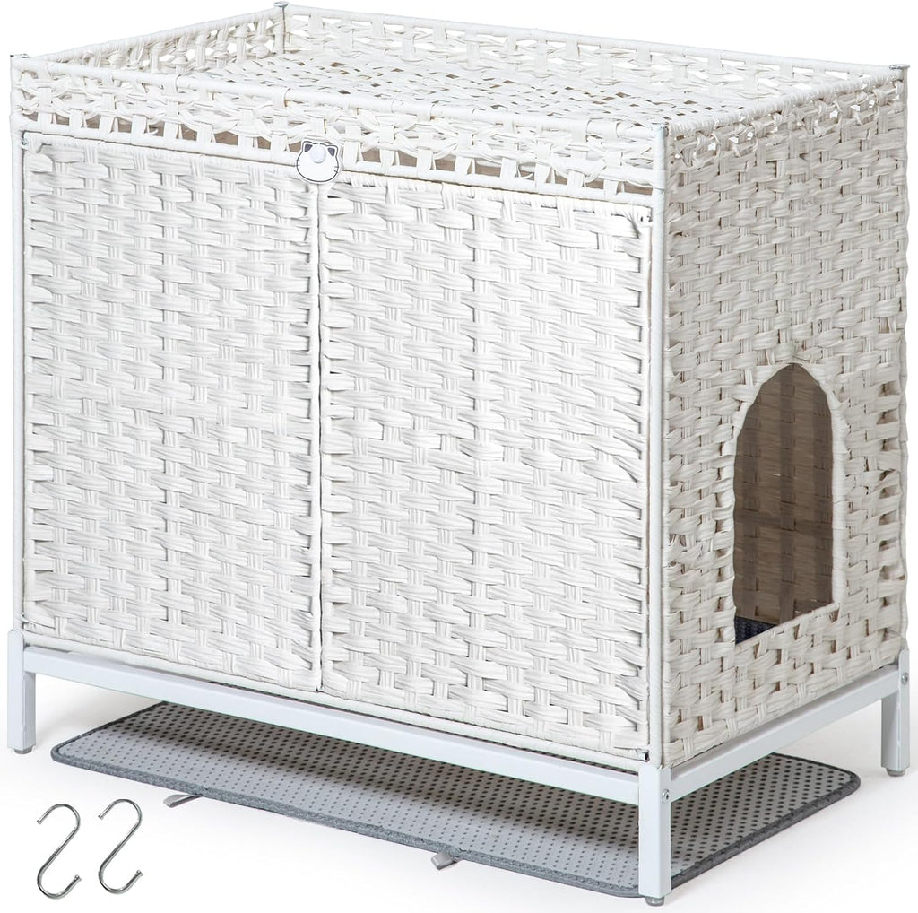 SETVSON Cat Litter Box Enclosure Furniture, Hidden PE Rattan House, White | Handwoven PE Rattan with Dual-Layer Mat, Heightened Metal Feet, 2 S-Hooks, 30.3x18.3x28 Inches Spacious Privacy & Dog Proof