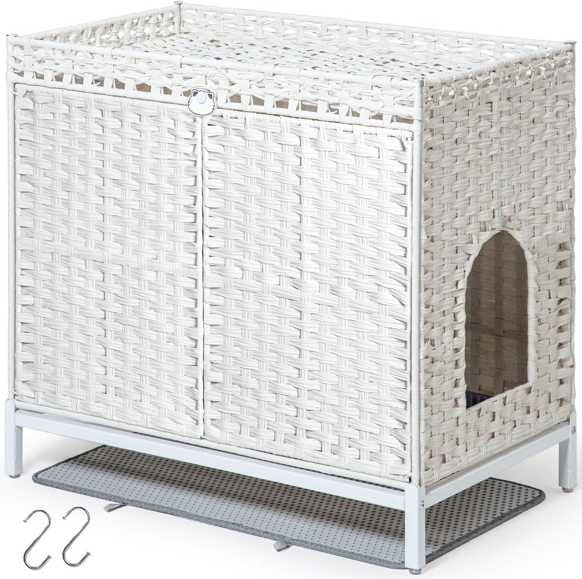 SETVSON Cat Litter Box Enclosure Furniture, Hidden PE Rattan House, White | Handwoven PE Rattan with Dual-Layer Mat, Heightened Metal Feet, 2 S-Hooks, 30.3x18.3x28 Inches Spacious Privacy & Dog Proof