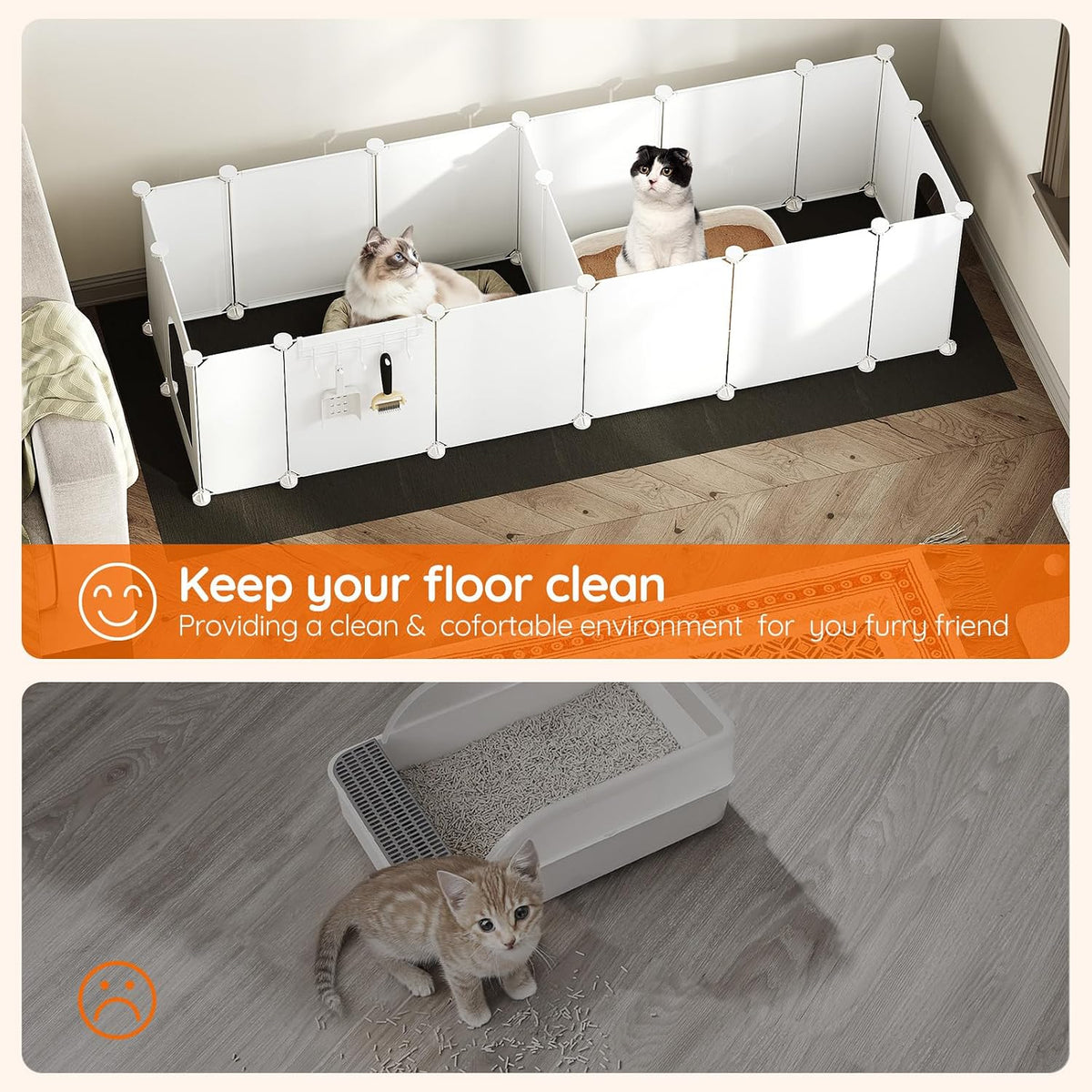 HOOBRO 2 Pack Cat Litter Box Enclosure Splash Guard with Large Oxford Mat, Plastics High-Edge Litter Guard with Drain Hooks, DIY Assembly, 70.9" L x 29.1" W x 15.7" H, Easy to Clean, White WT08PP03